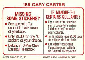 1987 O-Pee-Chee Stickers #158 Gary Carter Back