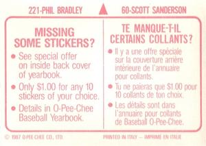 1987 O-Pee-Chee Stickers #60 / 221 Scott Sanderson / Phil Bradley Back