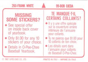1987 O-Pee-Chee Stickers #99 / 260 Bob Ojeda / Frank White Back