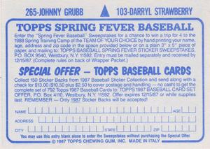 1987 O-Pee-Chee Stickers #103 / 265 Darryl Strawberry / Johnny Grubb Back