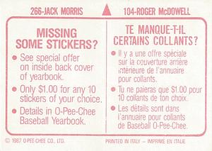 1987 O-Pee-Chee Stickers #104 / 266 Roger McDowell / Jack Morris Back