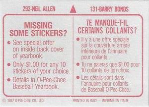 1987 O-Pee-Chee Stickers #131 / 292 Barry Bonds / Neil Allen Back
