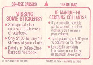 1987 O-Pee-Chee Stickers #142 / 304 Bo Diaz / Jose Canseco Back