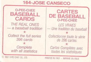1987 O-Pee-Chee Stickers #164 Jose Canseco Back