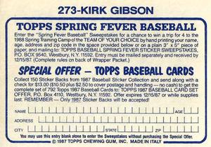 1987 O-Pee-Chee Stickers #273 Kirk Gibson Back