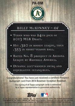 2014 Bowman Inception #PA-BM Billy McKinney Back