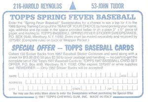1987 Topps Stickers #53 / 216 John Tudor / Harold Reynolds Back