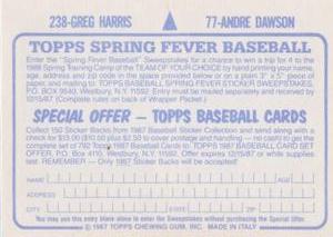 1987 Topps Stickers #77 / 238 Andre Dawson / Greg Harris Back