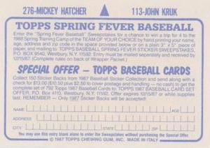 1987 Topps Stickers #113 / 276 John Kruk / Mickey Hatcher Back