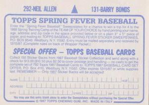 1987 Topps Stickers #131 / 292 Barry Bonds / Neil Allen Back