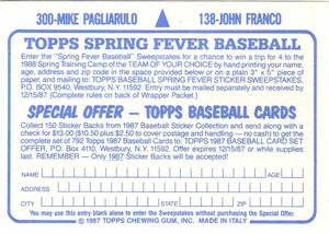 1987 Topps Stickers #138 / 300 John Franco / Mike Pagliarulo Back