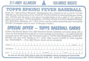 1987 Topps Stickers #169 / 311 Bruce Bochte / Andy Allanson Back