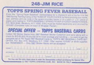1987 Topps Stickers #248 Jim Rice Back
