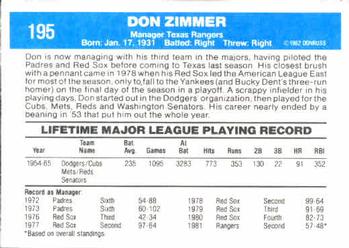 1982 Donruss #195 Don Zimmer Back