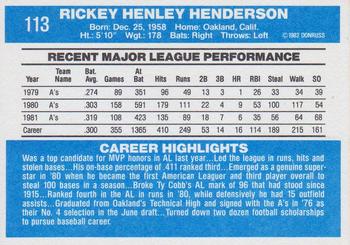 1982 Donruss #113 Rickey Henderson Back