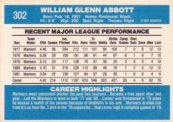 1982 Donruss #302 Glenn Abbott Back