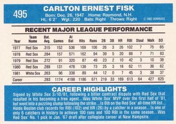 1982 Donruss #495 Carlton Fisk Back