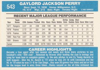 1982 Donruss #543 Gaylord Perry Back