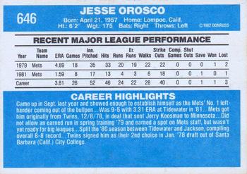 1982 Donruss #646 Jesse Orosco Back