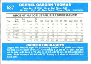 1982 Donruss #537 Derrel Thomas Back