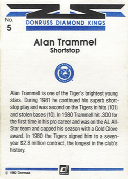 1982 Donruss #5 Alan Trammel Back
