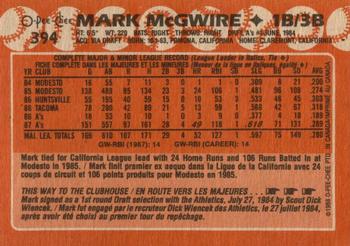 1988 O-Pee-Chee #394 Mark McGwire Back