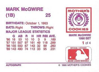 1990 Mother's Cookies Mark McGwire #1 Mark McGwire (Bat on shoulder) Back