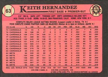 1989 O-Pee-Chee #63 Keith Hernandez Back
