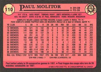 1989 O-Pee-Chee #110 Paul Molitor Back
