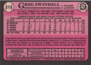 1989 O-Pee-Chee #315 Greg Swindell Back
