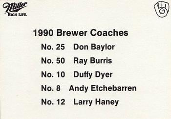1990 Miller High Life Milwaukee Brewers SGA #NNO Don Baylor / Ray Burris / Duffy Dyer / Andy Etchebarren / Larry Haney Back