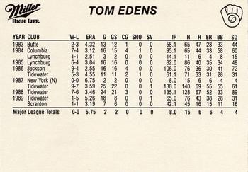 1990 Miller High Life Milwaukee Brewers SGA #NNO Tom Edens Back