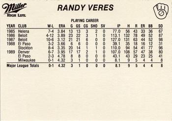 1990 Miller High Life Milwaukee Brewers SGA #NNO Randy Veres Back