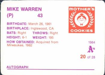 1984 Mother's Cookies Oakland Athletics #20 Mike Warren Back