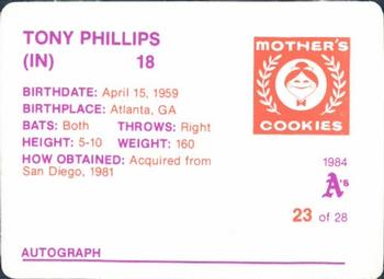 1984 Mother's Cookies Oakland Athletics #23 Tony Phillips Back