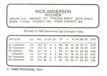 1986 ProCards Tidewater Tides #NNO Rick Anderson Back