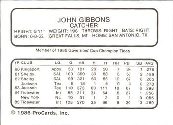 1986 ProCards Tidewater Tides #NNO John Gibbons Back