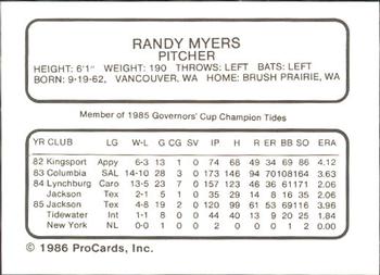 1986 ProCards Tidewater Tides #NNO Randy Myers Back