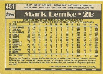 1990 O-Pee-Chee #451 Mark Lemke Back