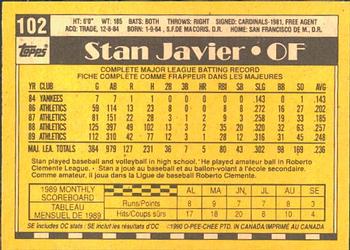1990 O-Pee-Chee #102 Stan Javier Back