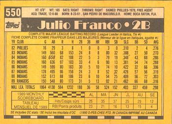 1990 O-Pee-Chee #550 Julio Franco Back