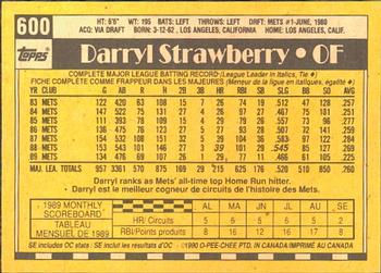 1990 O-Pee-Chee #600 Darryl Strawberry Back