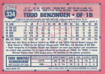 1991 O-Pee-Chee #334 Todd Benzinger Back