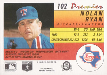 1991 O-Pee-Chee Premier #102 Nolan Ryan Back