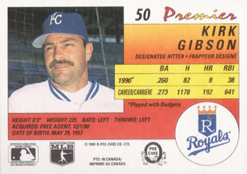 1991 O-Pee-Chee Premier #50 Kirk Gibson Back