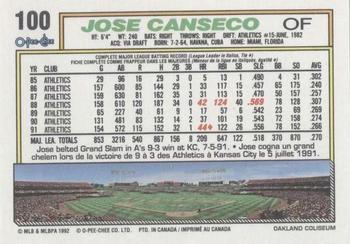 1992 O-Pee-Chee #100 Jose Canseco Back