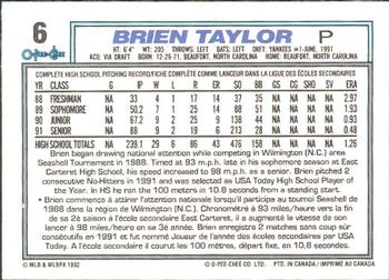 1992 O-Pee-Chee #6 Brien Taylor Back