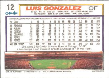 1992 O-Pee-Chee #12 Luis Gonzalez Back
