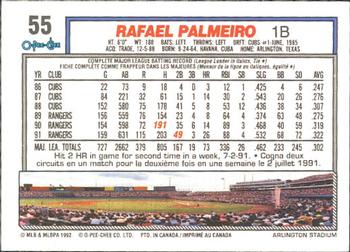 1992 O-Pee-Chee #55 Rafael Palmeiro Back
