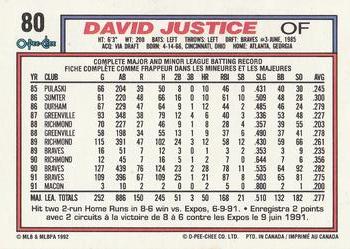 1992 O-Pee-Chee #80 David Justice Back